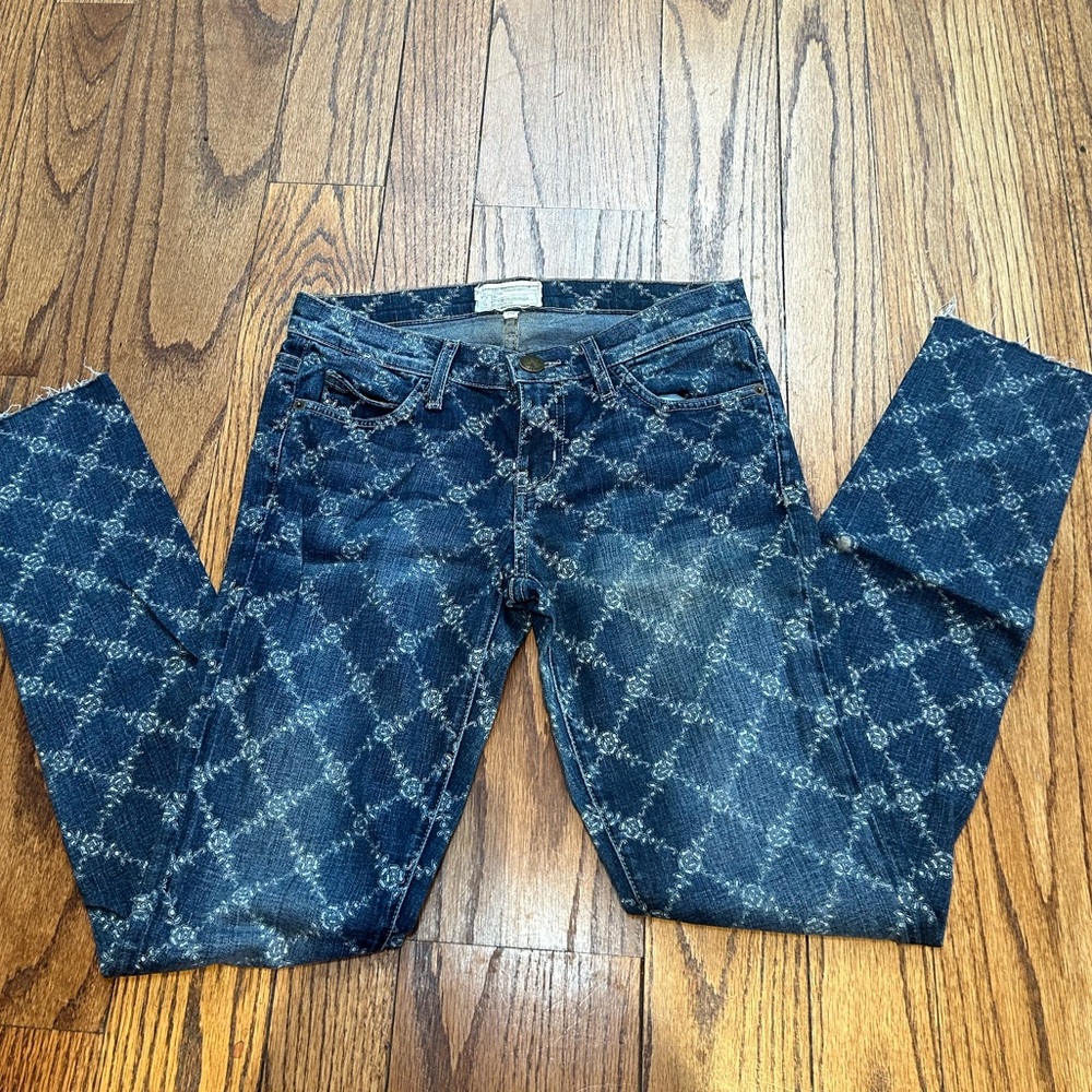Current/Elliott The Rolled Skinny Indigo Rose Lattice Print Jeans Womens Size 26